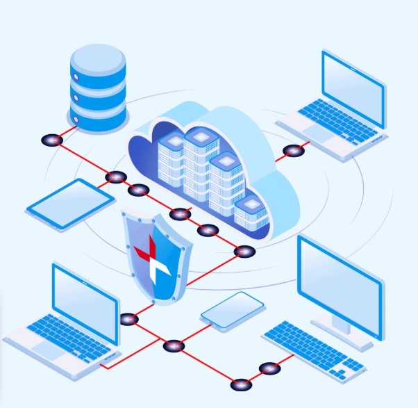 Schéma d'un réseau d'entreprise protégé : postes, cloud et serveurs reliés à un pare-feu de sécurité